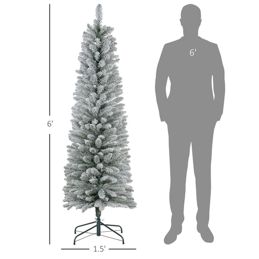 6FT Snow Flocked Pencil Artificial Christmas Tree — 329 Tips, Unlit, Space - Saving, Metal Base, Green - Monsta Online