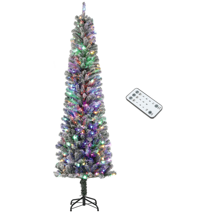 7.5FT Snow Flocked Pencil Pre - Lit Artificial Christmas Tree — 220 Dual - Color LEDs, 11 Modes, Remote, 519 Tips - Monsta Online