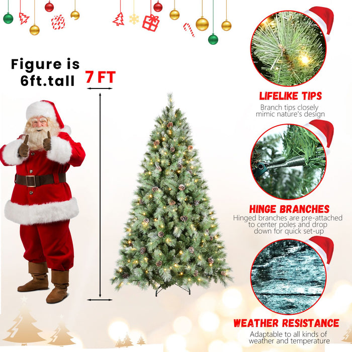 7FT Pre - Lit Artificial Christmas Tree — 1348 Tips, 400 LED Lights, Pinecones, Hinged - Monsta Online