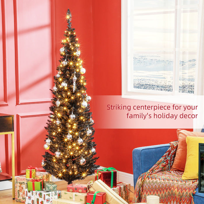 6FT Black Slim Pencil Pre - Lit Artificial Christmas Tree — 200 Warm White LEDs, 390 Tips, Space - Saving - Monsta Online