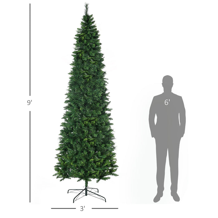 9FT Pencil Artificial Christmas Tree — 1075 Tips, Auto - Open Hinged, Unlit, Pine Needles, Steel Base - Monsta Online
