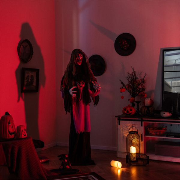 5.2ft Animatronic Halloween Vampire with Kid – Motion and Sound Activated Prop with Red Light - Up Eyes and Creepy Sounds - Monsta Online