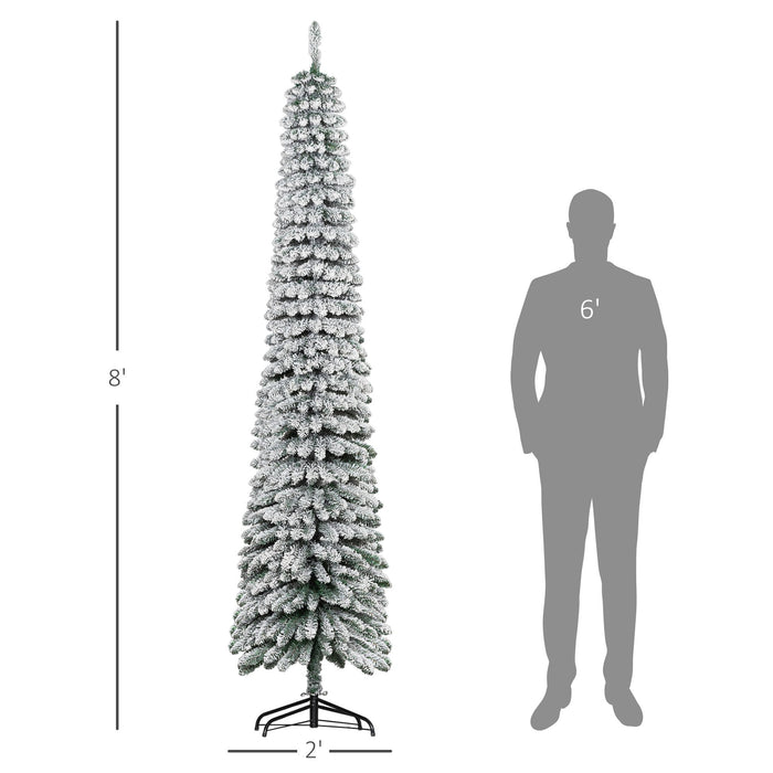 8FT Snow Flocked Pencil Artificial Christmas Tree — 603 Tips, Unlit, Slim Space - Saving, Metal Base - Monsta Online