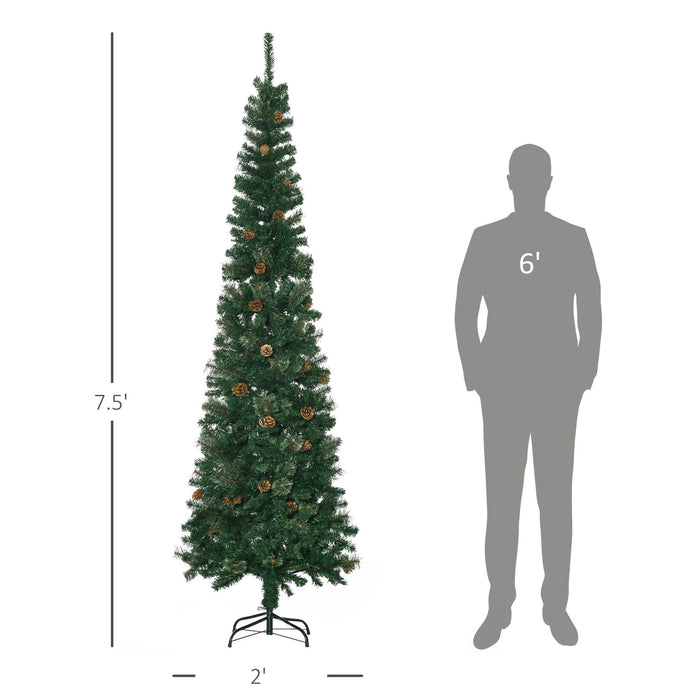 7.5FT Pencil Artificial Christmas Tree — 706 Tips with Pine Cones, Pine Needles, Unlit, Metal Base - Monsta Online