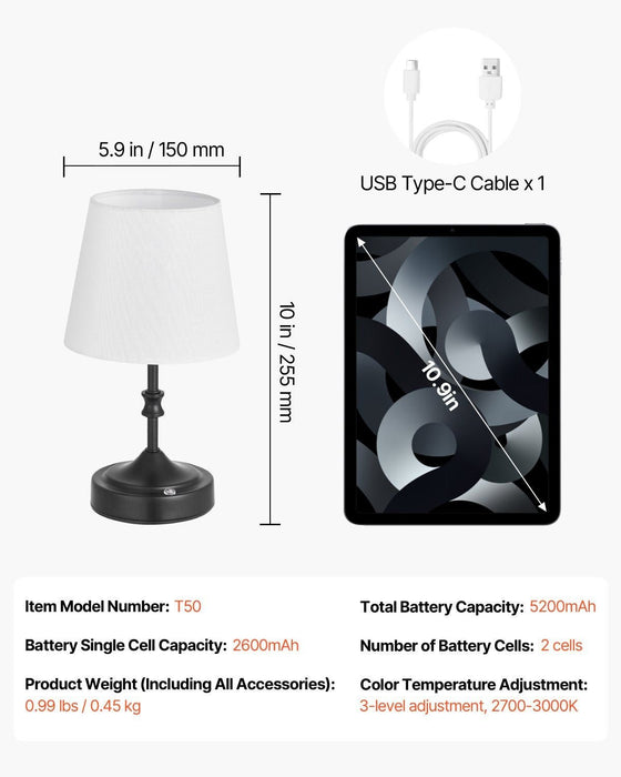 Cordless Rechargeable Table Lamp with Fabric Shade - 3 Dimmable Brightness Levels - Monsta Online