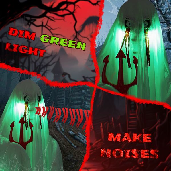 4.3ft Sound - Activated Halloween Animatronic Ghost with Trident – Green Lights and Creepy Sounds - Monsta Online