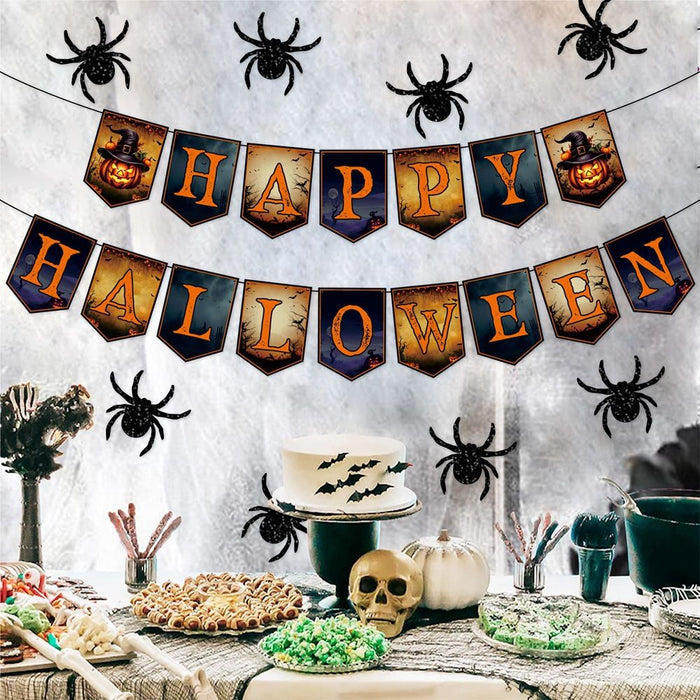Happy Halloween Banner with Hanging Spider Garland – Party Decoration Set - Monsta Online