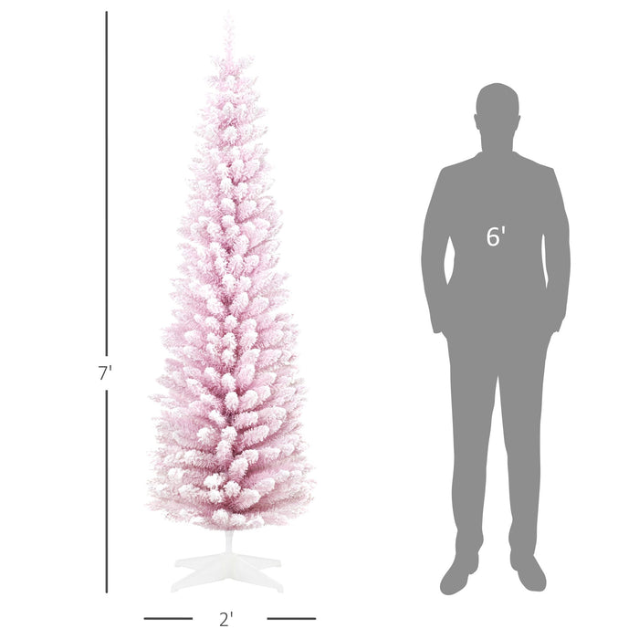 7FT Flocked Pink Pencil Artificial Christmas Tree — 499 Snow Tips, Unlit, Slim Space - Saving, Metal Base - Monsta Online
