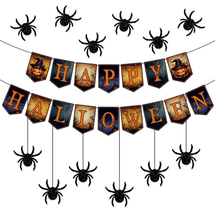 Happy Halloween Banner with Hanging Spider Garland – Party Decoration Set - Monsta Online