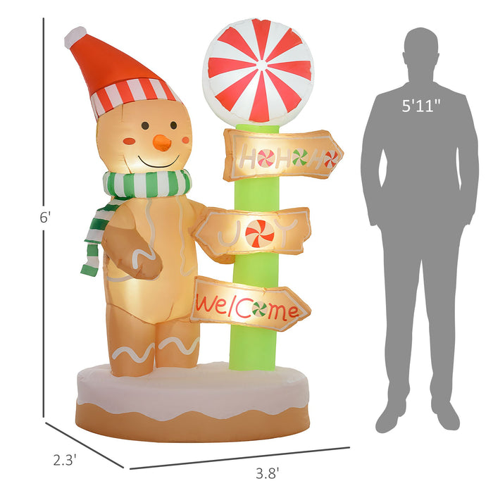 6FT Prelit Inflatable Gingerbread Man with Signpost and LED Lights - Outdoor Christmas Decoration - Monsta Online