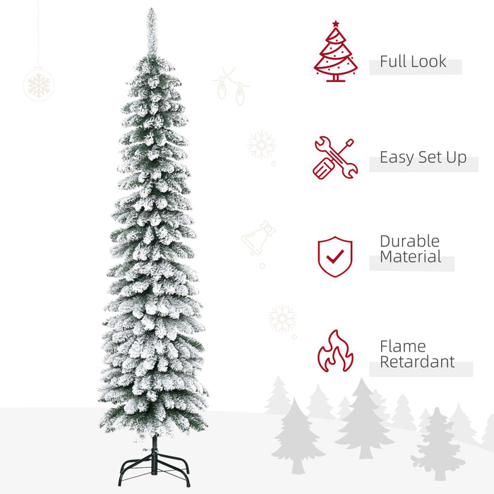 6FT Snow Flocked Pencil Artificial Christmas Tree — 395 Tips, Unlit, Slim Space - Saving, Metal Base - Monsta Online