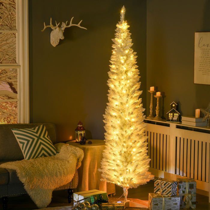 7FT White Pencil Pre - Lit Artificial Christmas Tree — 200 Warm White LEDs, 499 Tips, Slim Space - Saving - Monsta Online