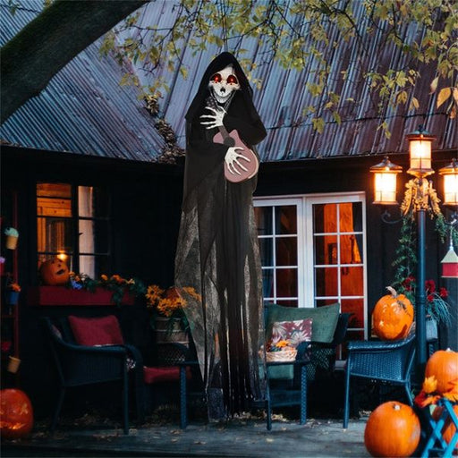4.2ft Animatronic Halloween Grim Reaper Playing Guitar – Red Glowing Eyes and Spooky Music - Monsta Online