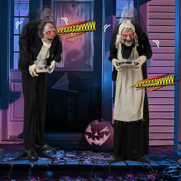 5ft Animatronic Halloween Male Servant – Motion and Sound Activated with Glowing Eyes, Creepy Laughs and Shaking Head - Monsta Online