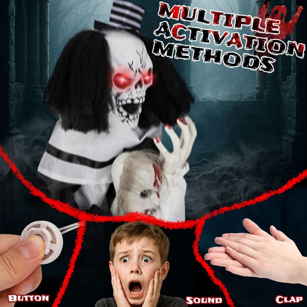 2.4ft Halloween Animatronic Clown – Sound - Activated Jumping with Creepy Sounds and Glowing Eyes - Monsta Online