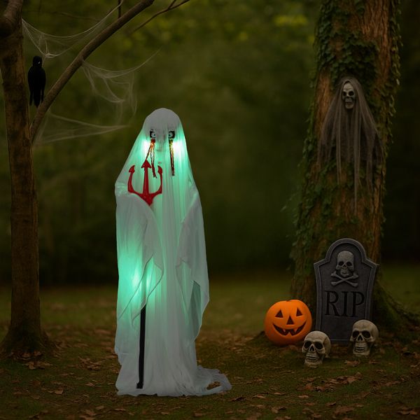 4.3ft Sound - Activated Halloween Animatronic Ghost with Trident – Green Lights and Creepy Sounds - Monsta Online
