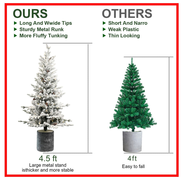 4.5FT Pre - Lit Snow Flocked Potted Christmas Tree — 150 Lights, Small Artificial Tree - Monsta Online
