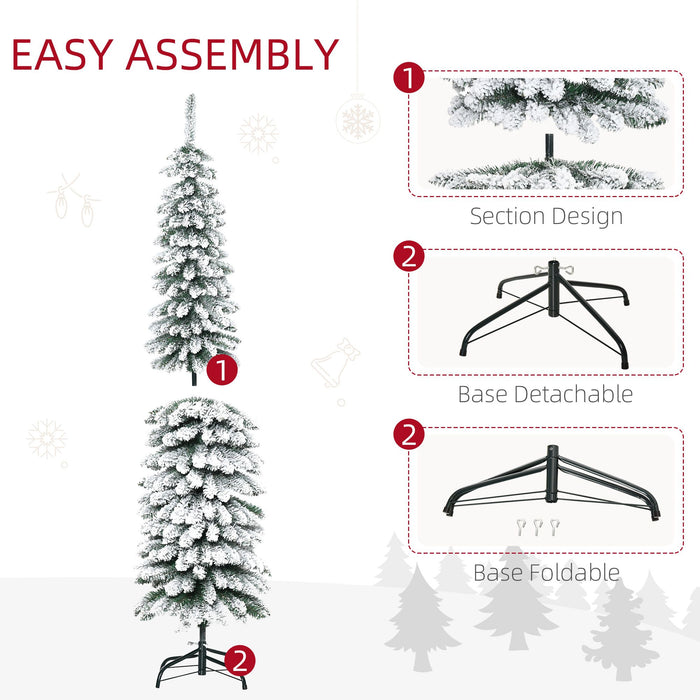 6FT Snow Flocked Pencil Artificial Christmas Tree — 395 Tips, Unlit, Slim Space - Saving, Metal Base - Monsta Online