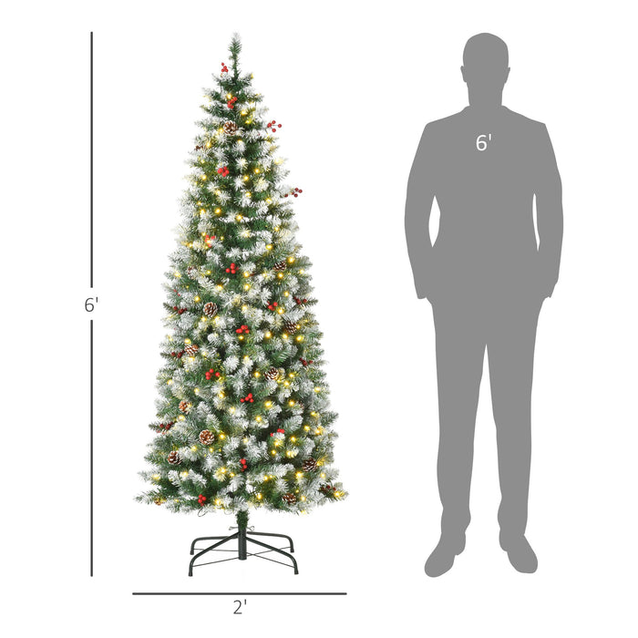 6FT Snow - Dipped Pre - Lit Artificial Christmas Tree — 300 Warm White LEDs, 618 Tips, Pine Cones, Berries - Monsta Online
