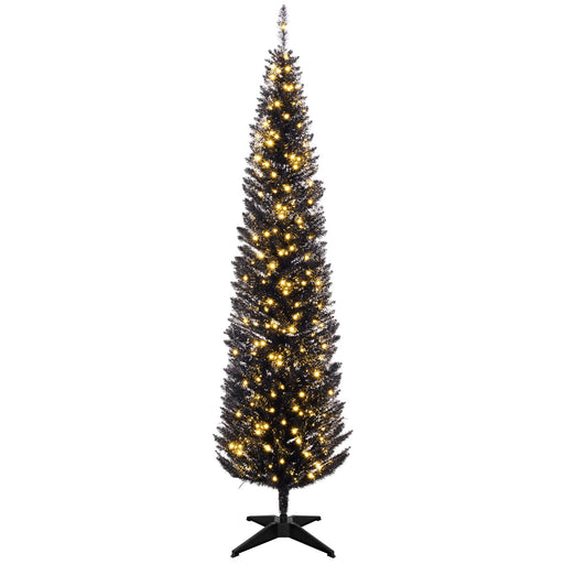 7FT Black Pre - Lit Pencil Artificial Christmas Tree — 250 Warm White LEDs, 499 Tips, Slim, Steel Base - Monsta Online