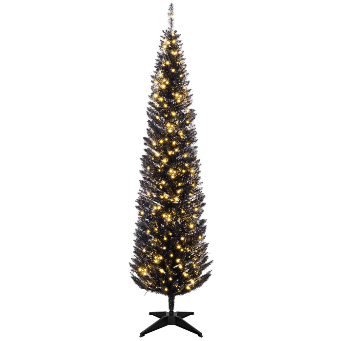 7FT Black Pre - Lit Pencil Artificial Christmas Tree — 250 Warm White LEDs, 499 Tips, Slim, Steel Base - Monsta Online