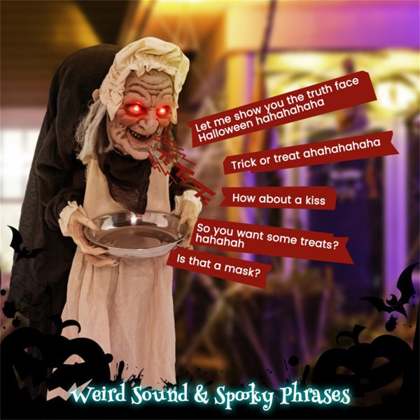 5.2ft Halloween Animatronic Old Lady Maid – Motion Activated with Flashing Red Eyes and Creepy Talking Phrases - Monsta Online