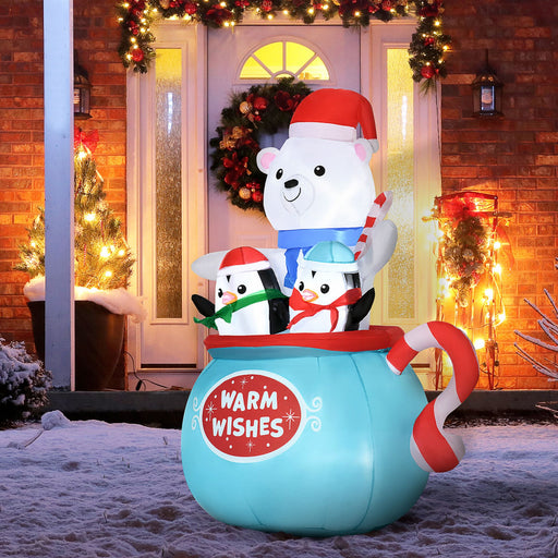 5FT Prelit Inflatable Polar Bear & Penguins in Hot Cocoa Cup with LED Lights - Outdoor Christmas Decoration - Monsta Online