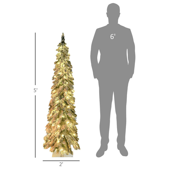 5FT Pre - Lit Snow Flocked Pencil Christmas Tree — 150 LED Lights, 334 Tips, Slim Space - Saving, Steel Base - Monsta Online