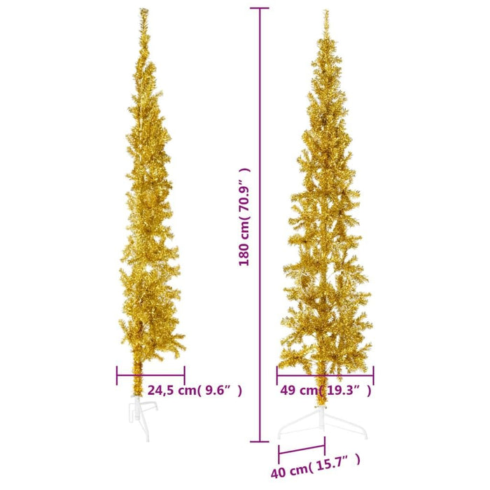6FT Slim Half Artificial Christmas Tree — Gold, 246 Tips, Space - Saving Wall Design, Steel Stand - Monsta Online