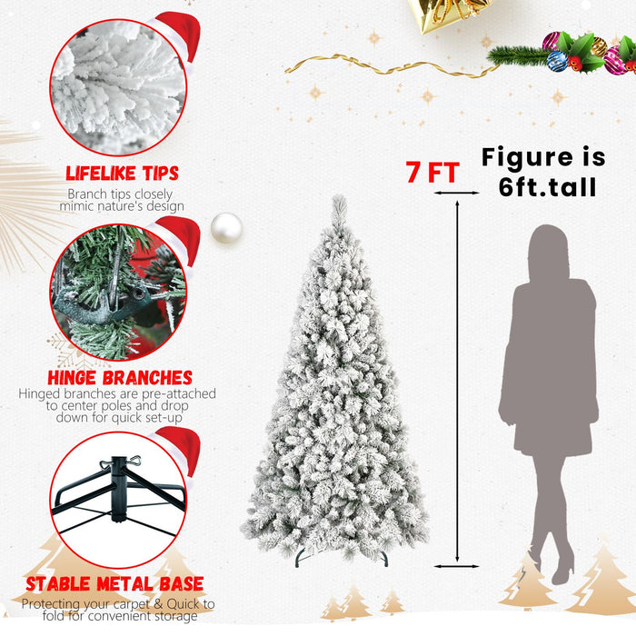 7FT Unlit Snow Flocked Artificial Christmas Tree — 1060 PVC/Pine Needle Tips, Hinged - Monsta Online