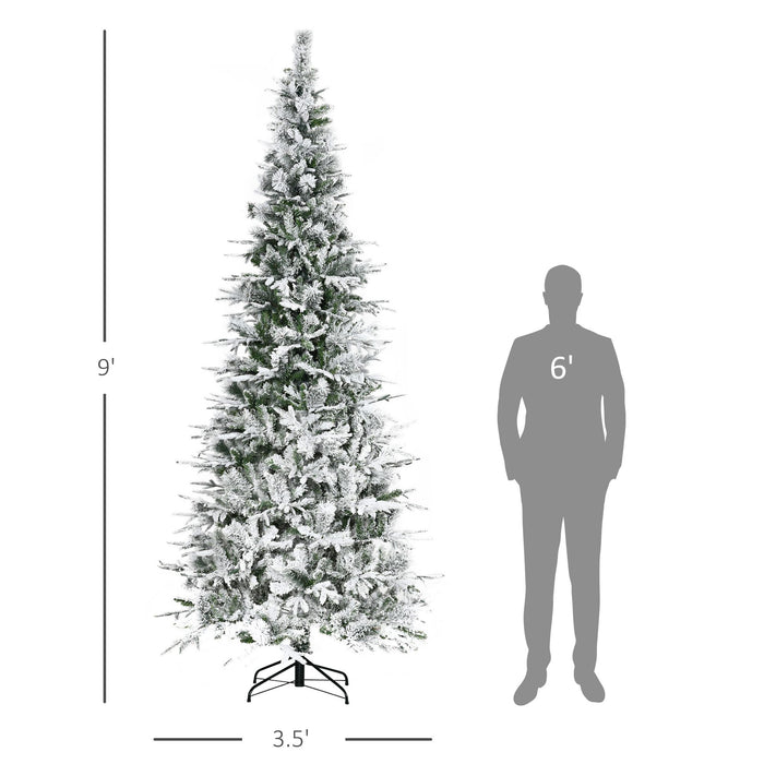 9FT Flocked Artificial Christmas Tree — 1159 Snow Pine Tips, Unlit, Auto - Open, Realistic, Metal Base - Monsta Online
