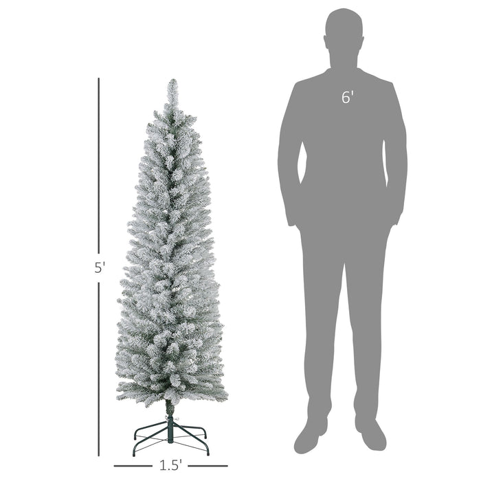 5FT Snow Flocked Pencil Artificial Christmas Tree — 263 Tips, Unlit, Upward & Downward Branches, Metal Base - Monsta Online