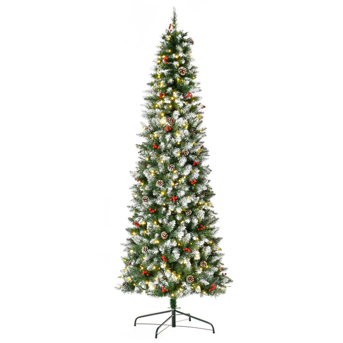 7.5FT Slim Snow Flocked Pre - Lit Artificial Christmas Tree — 350 Warm White LEDs, Pine Cones, Red Berries, 1075 Tips - Monsta Online
