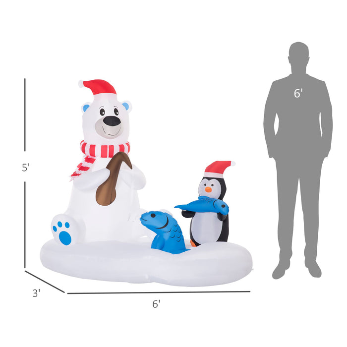 6FT Prelit Inflatable Polar Bear & Penguin Fishing on Board with LED Lights - Outdoor Christmas Decoration - Monsta Online