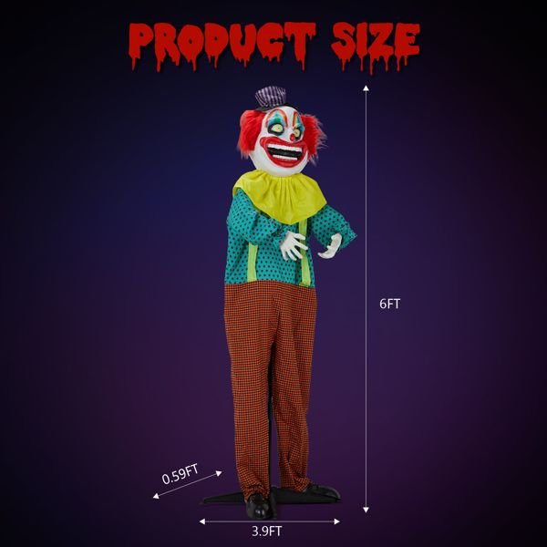 6ft Animatronic Halloween Clown – Motion and Sound Activated with Yellow Glowing Eyes and Shaking Head - Monsta Online