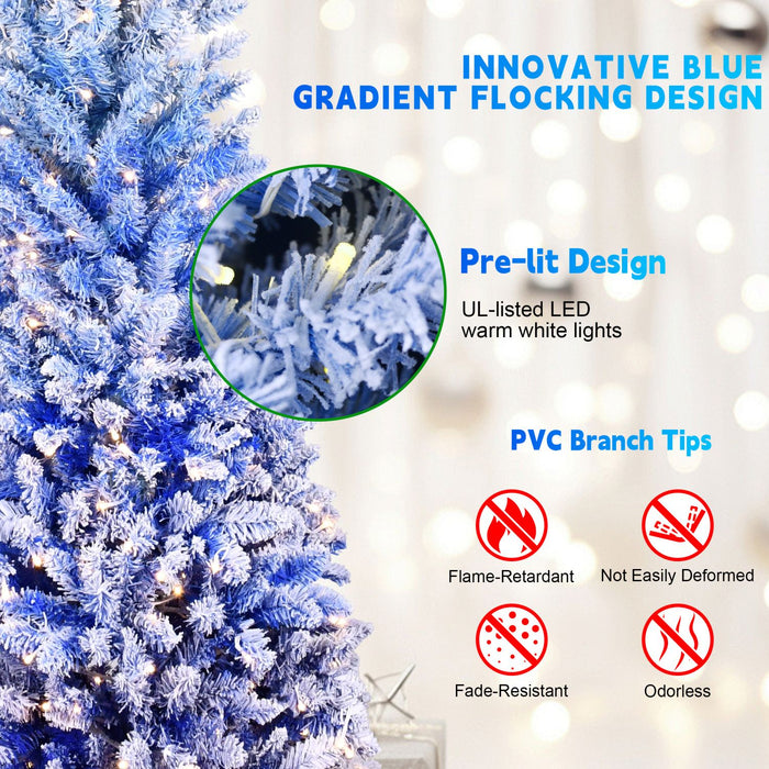 6FT Pre - Lit Blue Flocked Pencil Christmas Tree — 200 Warm LED, 485 Tips, Slim, Metal Stand - Monsta Online