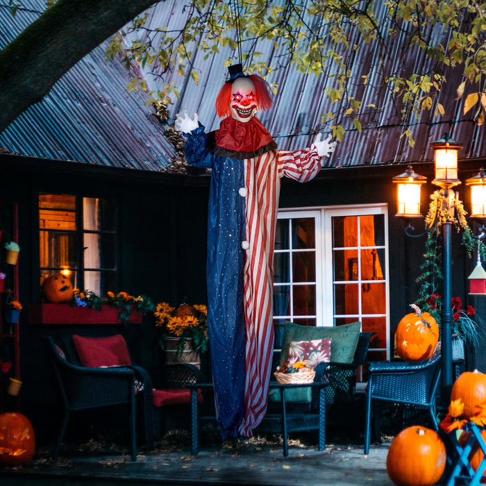 6ft Sound Activated Halloween Animatronic Hanging Clown – Glowing Eyes, Talking Phrases and Creepy Movements - Monsta Online