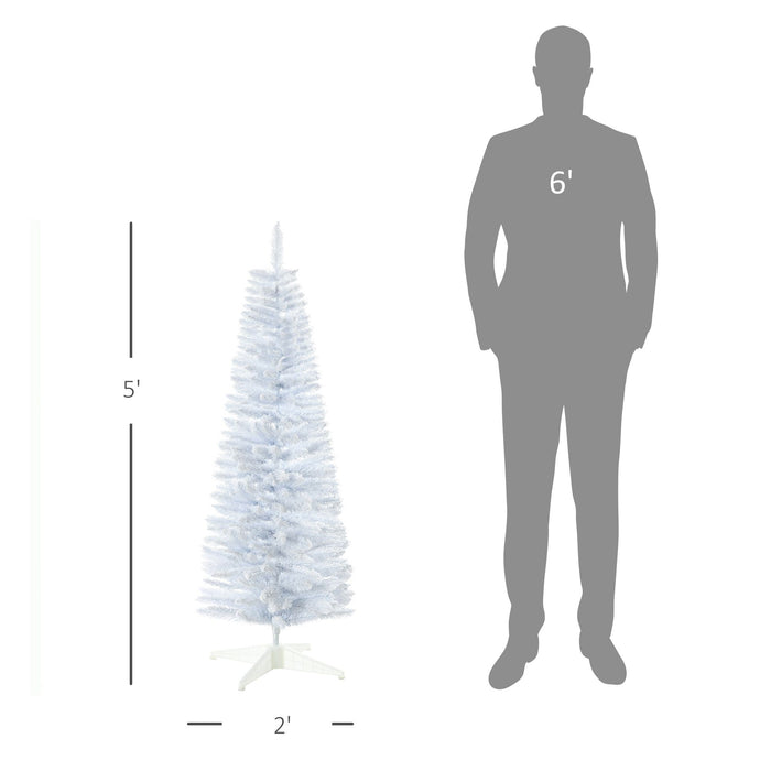 5FT White Snow Flocked Pencil Artificial Christmas Tree — 294 Tips, Unlit, Slim Space - Saving, Metal Base - Monsta Online