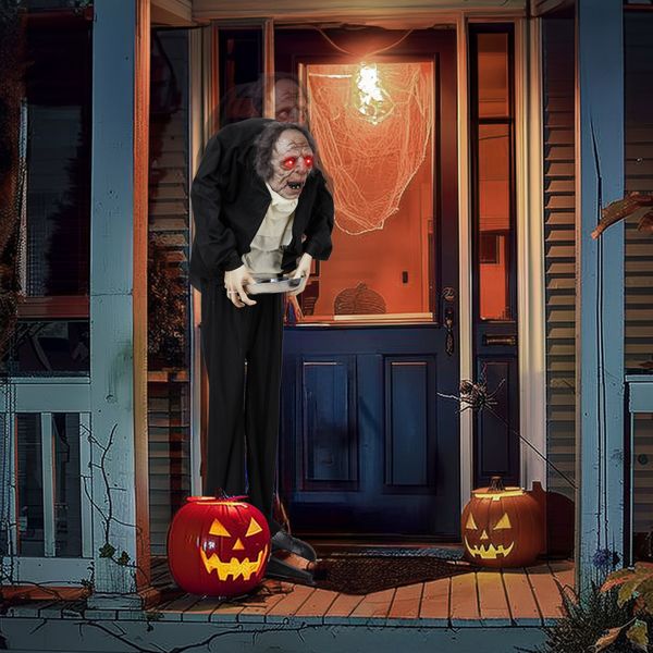 5ft Animatronic Halloween Male Servant – Motion and Sound Activated with Glowing Eyes, Creepy Laughs and Shaking Head - Monsta Online