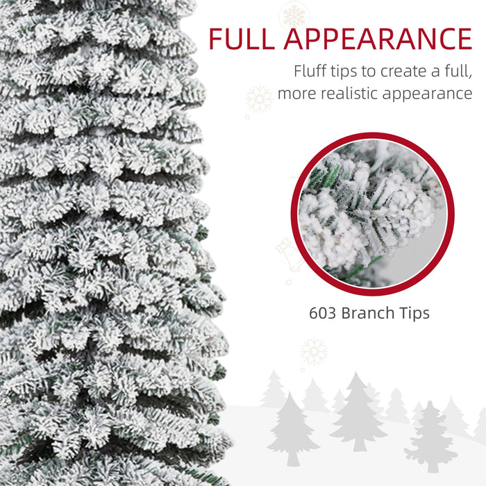 8FT Snow Flocked Pencil Artificial Christmas Tree — 603 Tips, Unlit, Slim Space - Saving, Metal Base - Monsta Online