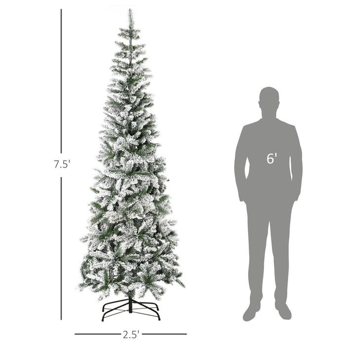 7.5FT Snow Flocked Pencil Artificial Christmas Tree — 668 Tips, Auto - Open Pop - Up, Slim, Steel Base - Monsta Online