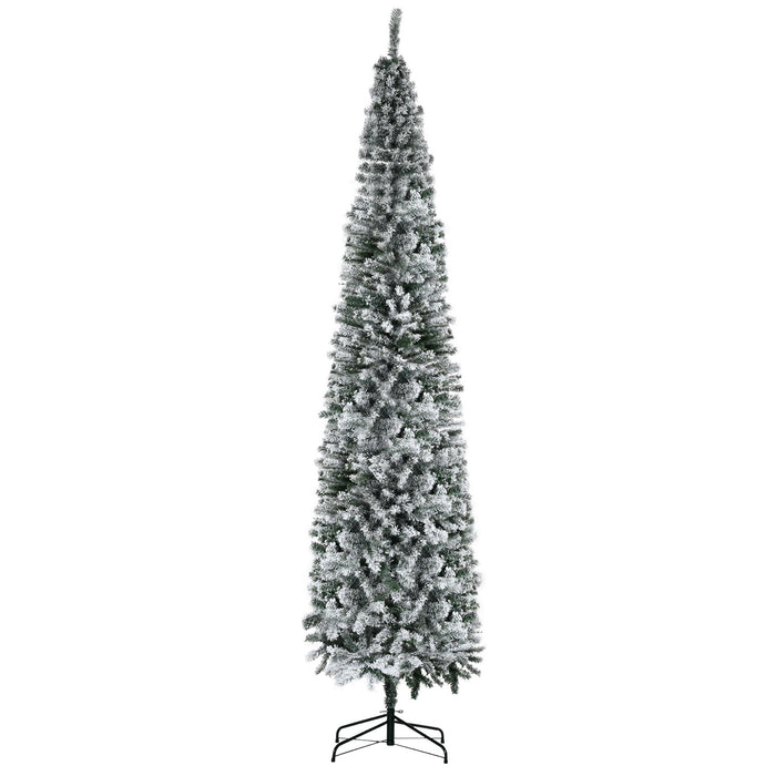 9FT Snow Flocked Slim Pencil Artificial Christmas Tree — 1014 Tips, Unlit, Hinged, Foldable Steel Base - Monsta Online