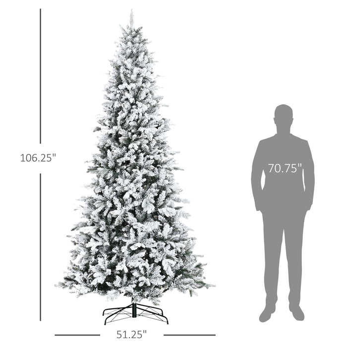 9FT Flocked Artificial Christmas Tree — 2068 Downswept Cedar Tips, Snow, Unlit, Auto - Open, Steel Base - Monsta Online