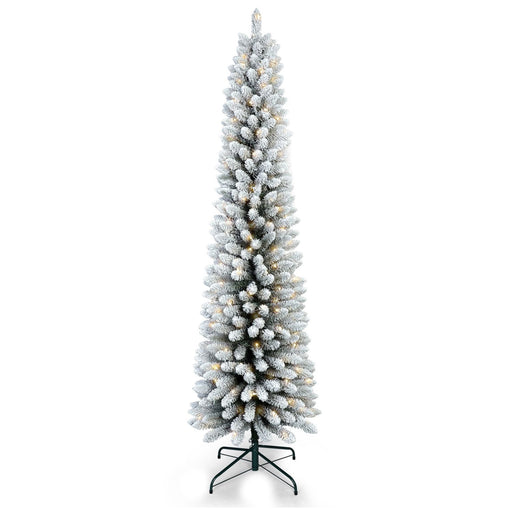 6FT Pre - Lit Flocked Pencil Artificial Christmas Tree — 150 Warm LED, Slim, 358 Tips, Metal Stand - Monsta Online