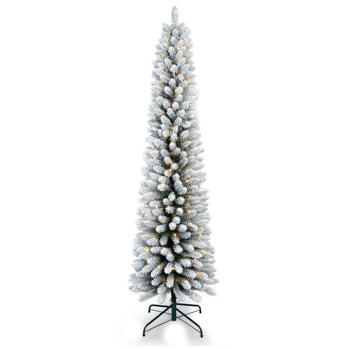 6FT Pre - Lit Flocked Pencil Artificial Christmas Tree — 150 Warm LED, Slim, 358 Tips, Metal Stand - Monsta Online