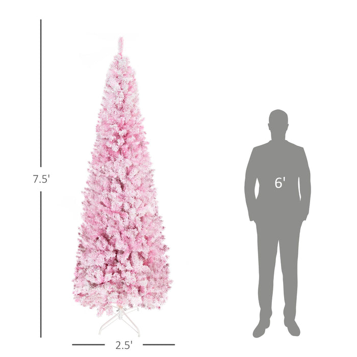 7.5FT Flocked Pink Pencil Artificial Christmas Tree — 800 Snow Tips, Unlit, Auto - Open, Slim Space - Saving - Monsta Online