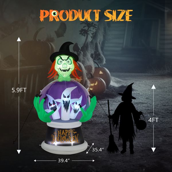 5.9FT Halloween Inflatable Witch with Crystal Ball and LED Lights - Monsta Online