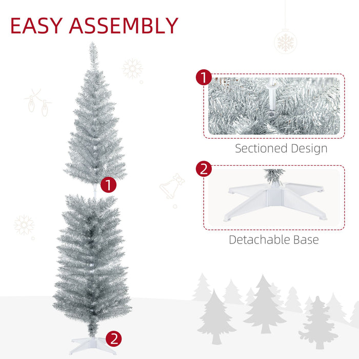 6FT Silver Pencil Artificial Christmas Tree — 390 Tips, Unlit, Slim, Plastic Stand - Monsta Online