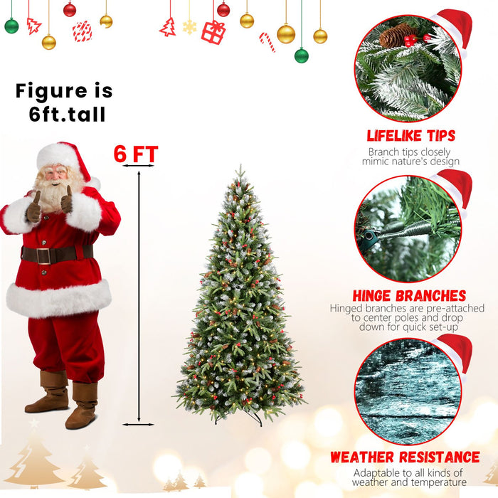6FT Pre - Lit Artificial Christmas Tree — 350 Warm LED, Snow - Tipped, Berries & Pine Cones, Metal Stand - Monsta Online