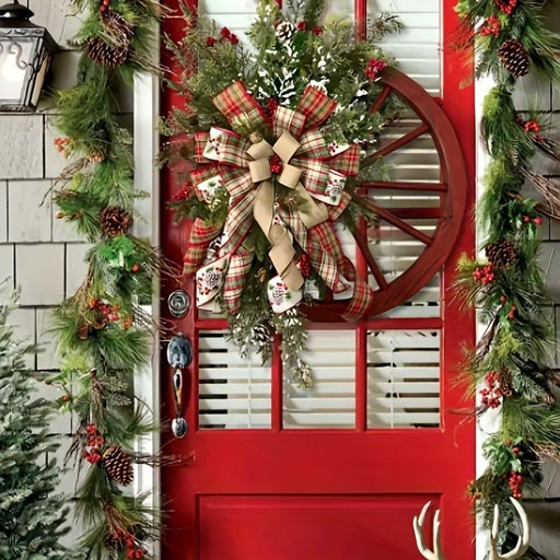 16" Rustic Red Wagon Wheel Christmas Wreath with Plaid Bow & Berries - Front Door Decoration - Monsta Online